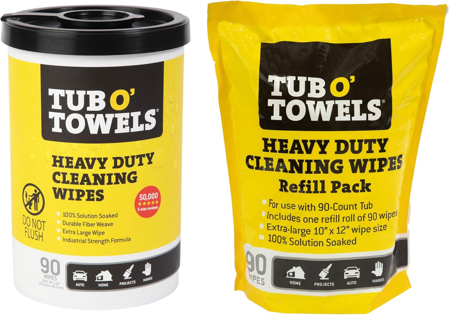 Tub O' Towels Heavy-Duty Multi-Surface Cleaning Wipes, 10" x 12", 90 Count Canister, Removes Grease, Grime, Tough Stains, Durable Disposable Wipes for Home, Garage, Outdoor Cleaning Tasks, 2-Pack