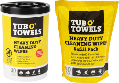 Tub O' Towels Heavy-Duty Multi-Surface Cleaning Wipes, 10" x 12", 90 Count Canister, Removes Grease, Grime, Tough Stains, Durable Disposable Wipes for Home, Garage, Outdoor Cleaning Tasks, 2-Pack