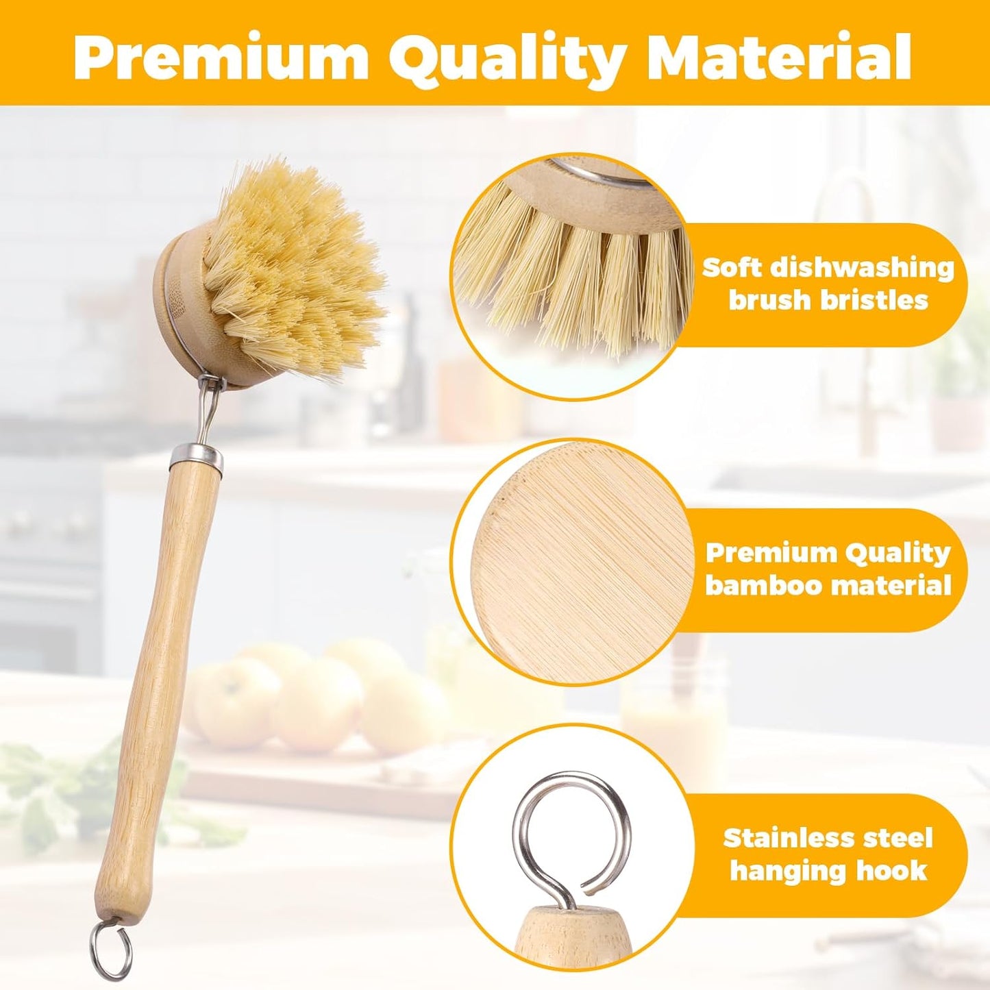 Bamboo Dish Brush Set, 5 Pcs Wooden Kitchen Scrubber – Long Handle Dish & Cup Brush, Short Handle Sisal & Coarse Brown Brush, Includes Square Tray, Ergonomic Natural Cleaning Kit for Pots Pans Bottles
