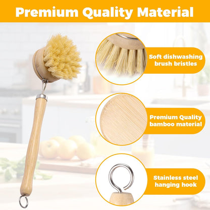 Bamboo Dish Brush Set, 5 Pcs Wooden Kitchen Scrubber – Long Handle Dish & Cup Brush, Short Handle Sisal & Coarse Brown Brush, Includes Square Tray, Ergonomic Natural Cleaning Kit for Pots Pans Bottles