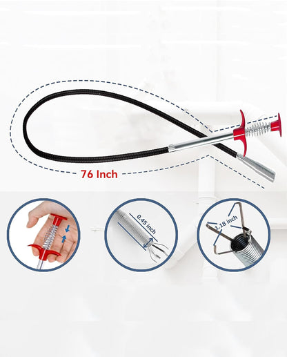 76 Inch Drain Snake Clog Remover, Flexible 4-Claw Grabber Tool,Toilet Sink Shower Bathtub Drain Cleaner for Hair Removal
