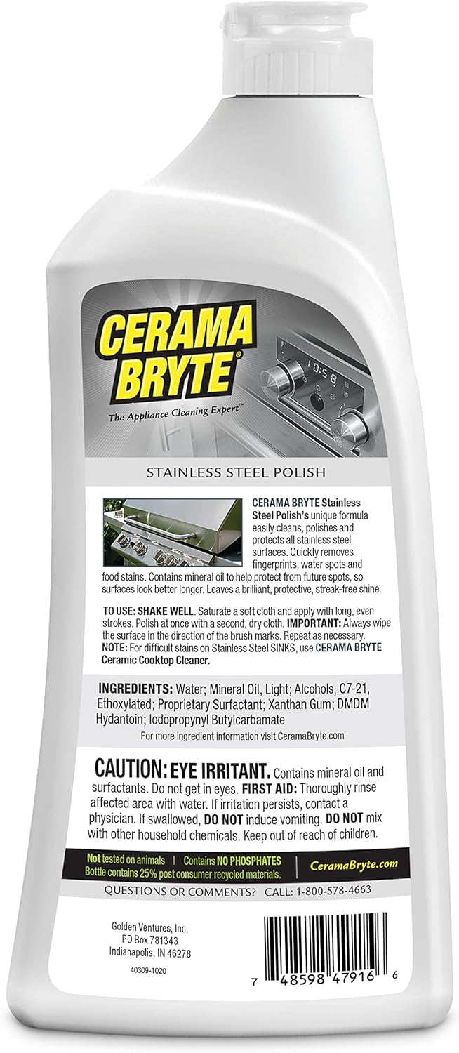 Cerama Bryte Stainless Steel Cleaner for Appliances + Cooktop and Stove Top Cleaner, 10 Ounce + 8 Fluid Ounce, POW-R Grip, Scraper, Pad + Cleaning Cloth