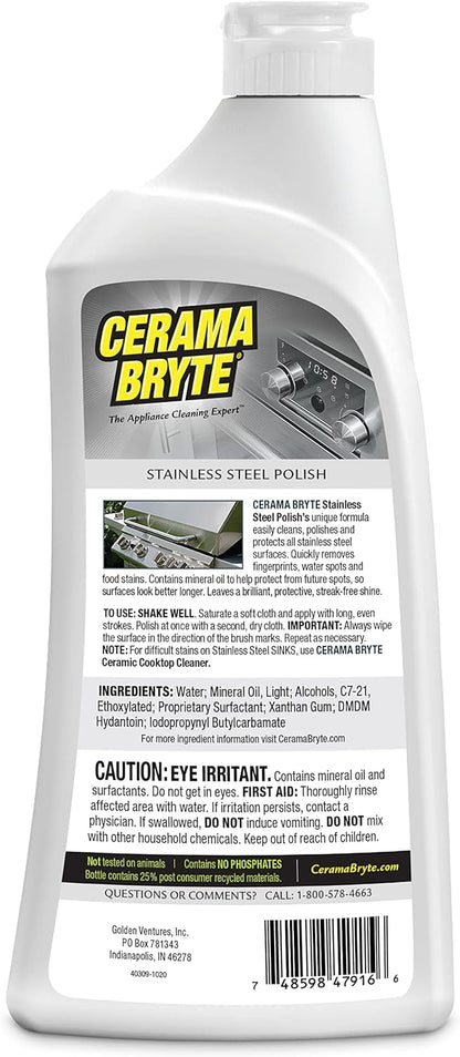 Cerama Bryte Stainless Steel Cleaner for Appliances + Cooktop and Stove Top Cleaner, 10 Ounce + 8 Fluid Ounce, POW-R Grip, Scraper, Pad + Cleaning Cloth