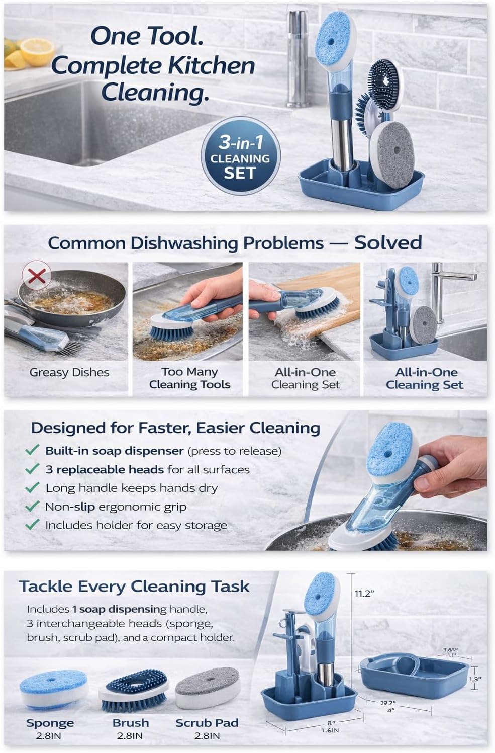 Soap Dispensing Dish Brush Set with Holder - 3 Replaceable Heads (Sponge, Scrubber, Brush) - Long Handle Kitchen Cleaning Brush for Pots, Pans, Sink & Dishes - Non-Slip Grip (Blue)