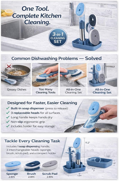 Soap Dispensing Dish Brush Set with Holder - 3 Replaceable Heads (Sponge, Scrubber, Brush) - Long Handle Kitchen Cleaning Brush for Pots, Pans, Sink & Dishes - Non-Slip Grip (Blue)