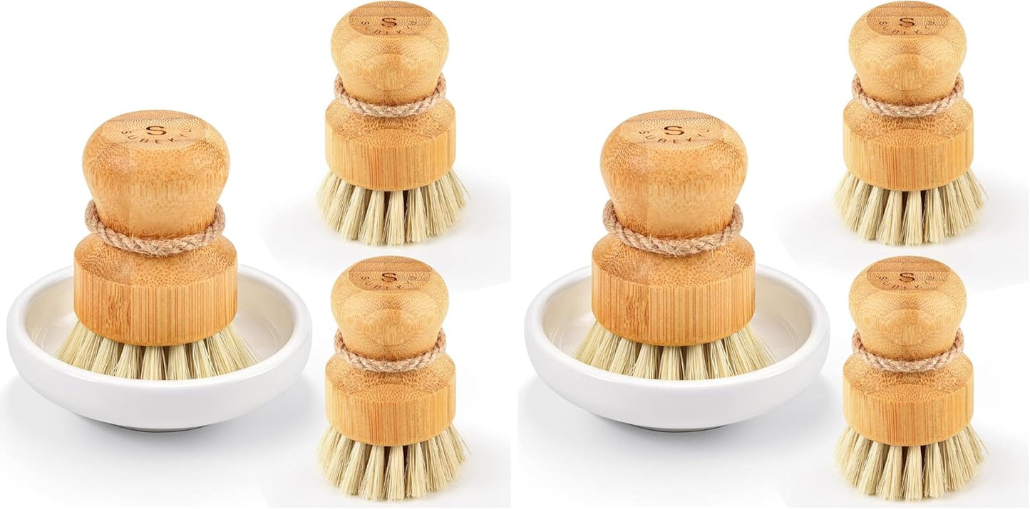 Bamboo Dish Scrub Brushes,Kitchen Wooden Cleaning Scrubbers Set for Washing Cast Iron Pan/Pot, Natural Sisal Bristles, Set of 3