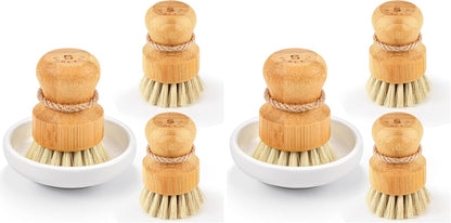 Bamboo Dish Scrub Brushes,Kitchen Wooden Cleaning Scrubbers Set for Washing Cast Iron Pan/Pot, Natural Sisal Bristles, Set of 3