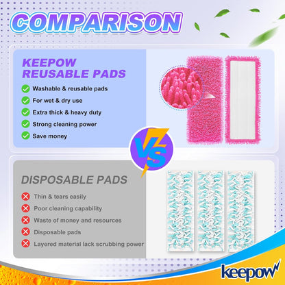KEEPOW Reusable Microfiber Mop Pads Compatible with Swiffer PowerMop 4 Pack, Power Mop Pads Refills for 13 ''-15 '' Spray Mop, Machine Washable Pad Replacement for Multi-Surface Floor Cleaning