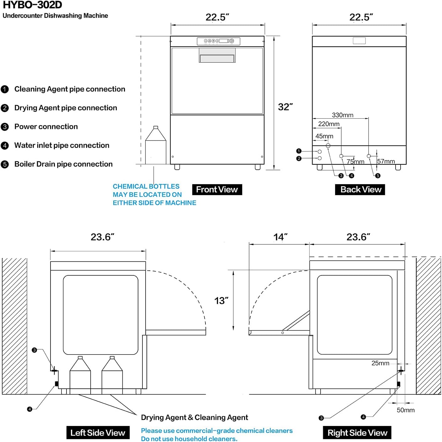 Commercial Dishwasher Undercounter High Temperature, Built-in Booster, Built-in Detergent & Rinse Aid Pumps, Stainless Steel, 20-40 Racks/Hr, 208~240V, 1 Phrase for Restaurant Bar Cafe