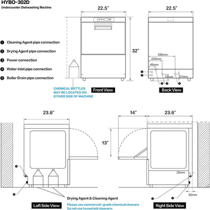 Commercial Dishwasher Undercounter High Temperature, Built-in Booster, Built-in Detergent & Rinse Aid Pumps, Stainless Steel, 20-40 Racks/Hr, 208~240V, 1 Phrase for Restaurant Bar Cafe