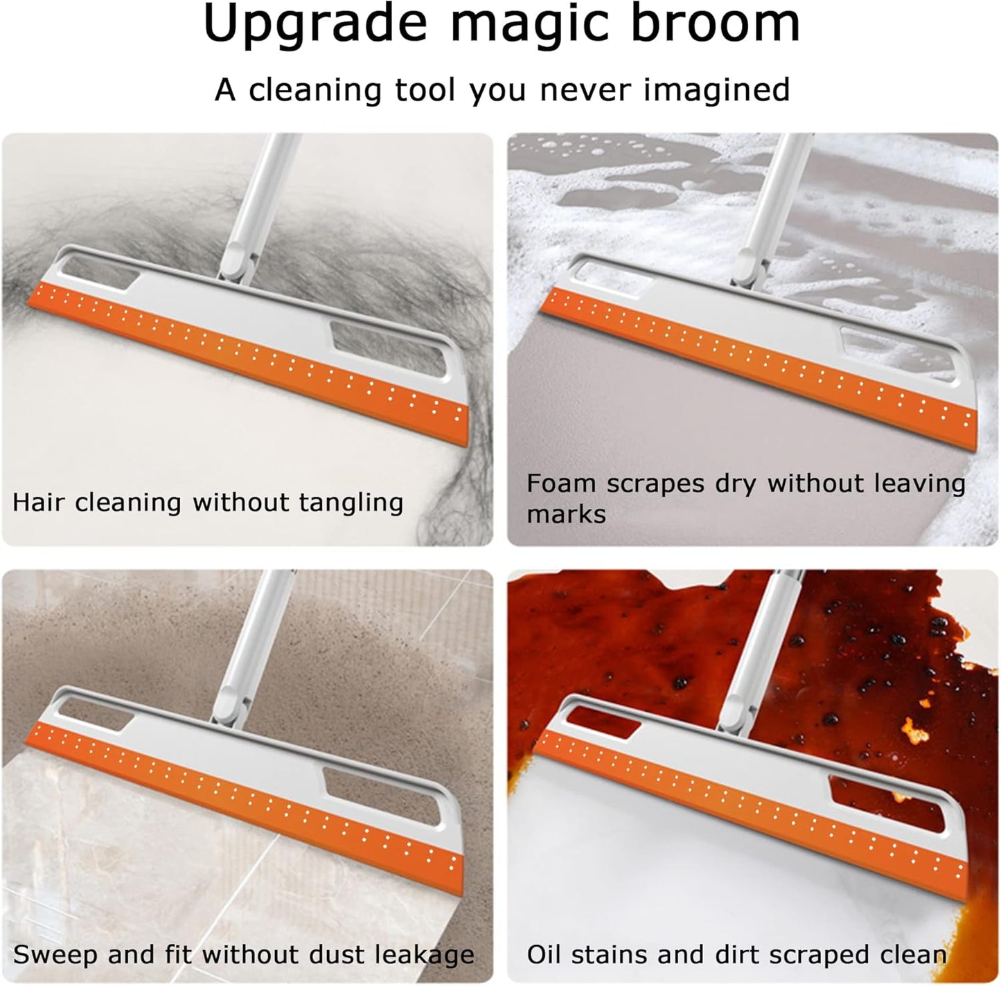 Multifunction Rubber Air Broom, Silicone Floor Squeegee with 56" Long Handle, Rubber Sweeper, Air Broom for Floor Bathroom Kitchen Shower Tile Pet Hair Fur Marble Glass Water Window Foam Clean (Grey)