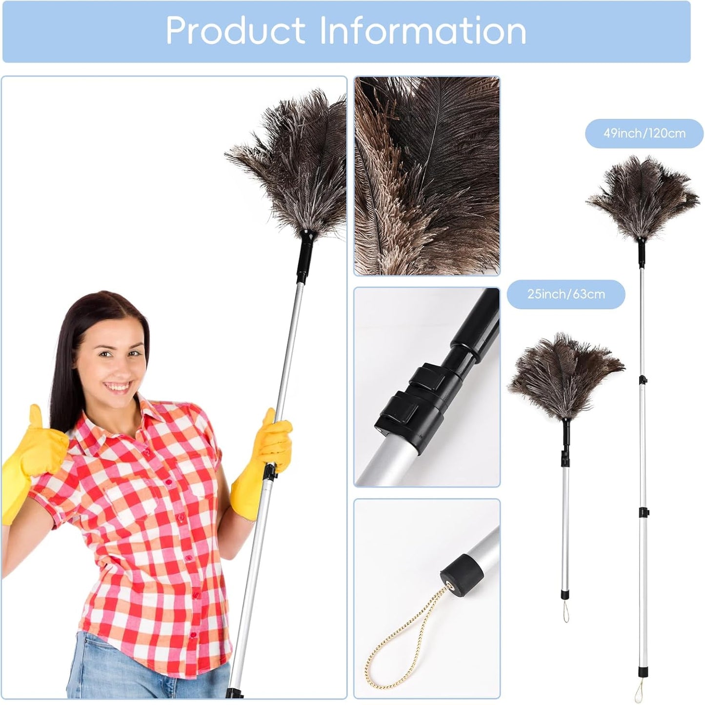 THARAHT Extendable Ostrich Feather Duster up to 27-94 inches Fluffy Feathers Long Handle Reusable for Cleaning Ceiling Fan Pendant lamp High Ceiling Blinds Furniture Feather Duster