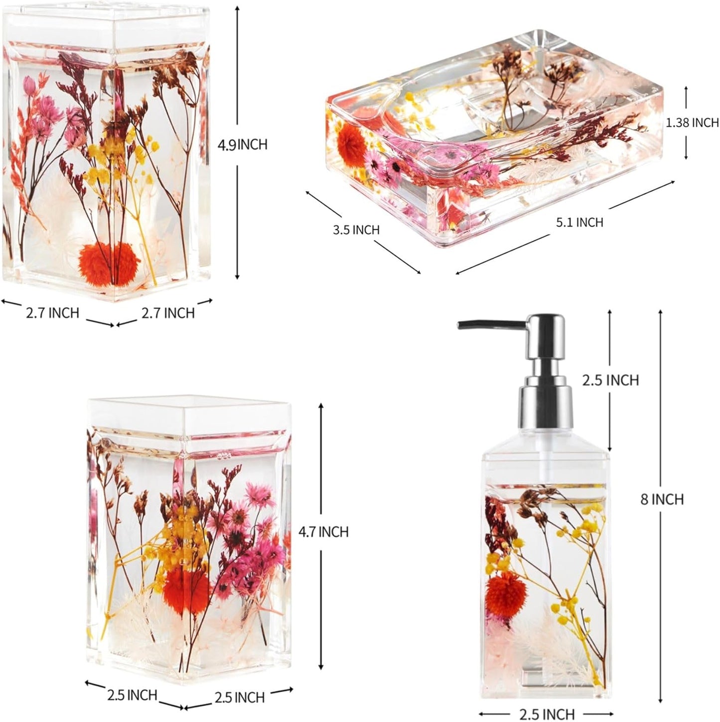 Locco Decor 5 Piece Acrylic Liquid 4D Floating Motion Bathroom Vanity Accessory Set Garden Botanic Green Plants Toothbrush Holder, Tumbler, Soap Dispenser, Soap Dish, Toiletbrush Holder Set