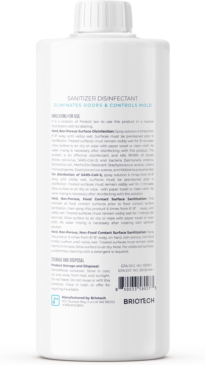 BRIOTECH Sanitizer Disinfectant Hypochlorous, Kill 99.99% of Viruses & Bacteria, Control Mold, Eliminate Odor, Gentle for Nursery & Play Rooms, Food Contact Surface Sanitizer, 1 Gallon Refill