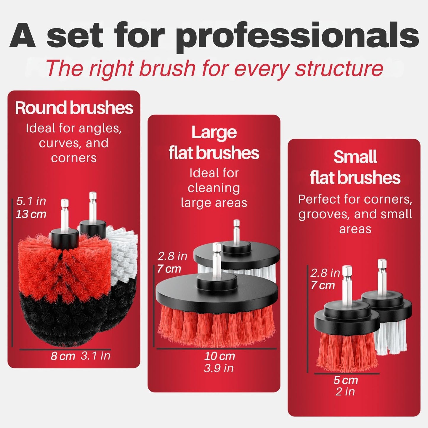 Drill Brush Attachments for Cleaning [Set of 6] Universally Cleans Cars, Rims, Upholstery, Tiles, and More I Brush Drill Attachment for Cleaning I Drill Brush for Car Detailing (Red-White-Black)