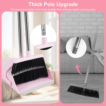 BSKLIN Broom and Dustpan Set, 52” Long Adjustable Handle Broom with Dustpan Combo Set with Dust Pan Teeth to Clean Hair for Home Lobby Office (Pink)