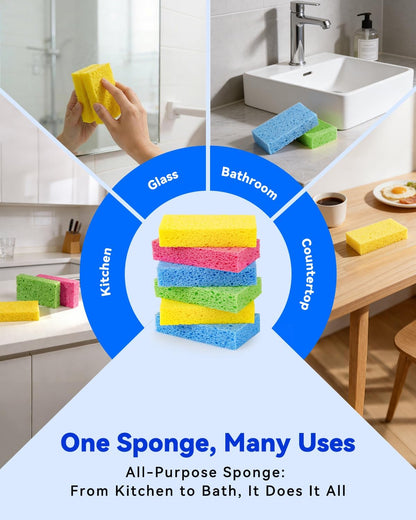 Temede Cellulose Sponges,Heavy Duty Scrub Sponges,Non-Scratch Kitchen Sponges for Dish,Colorful Compressed Dish Scrubber Sponge for Household,Cookware,Bathroom,6pcs
