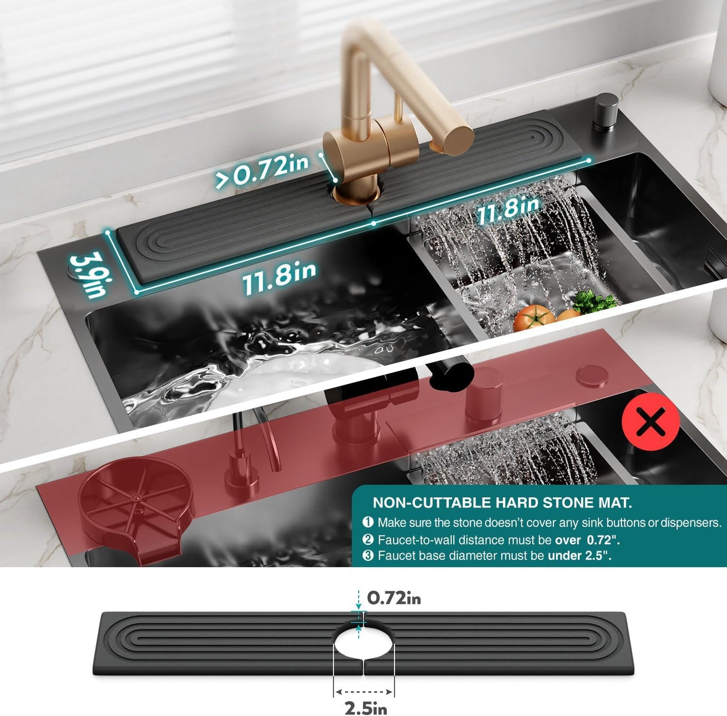 Eormoe Faucet Mat for Kitchen Sink – Diatomite Stone Drying Mat & Sink Protectors, Prevent Moisture – Sink Splash Guard Water-Absorbing Stone Tray for Bathroom Counter (Light Grey, 23.6" x 3.9")