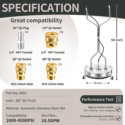 14" Pressure Washer Surface Cleaner with 4 Wheels - Stainless Steel Surface Cleaner for Pressure Washer Attachment for Concrete, Patio, Sidewalk, Deck and Driveways - PWS14