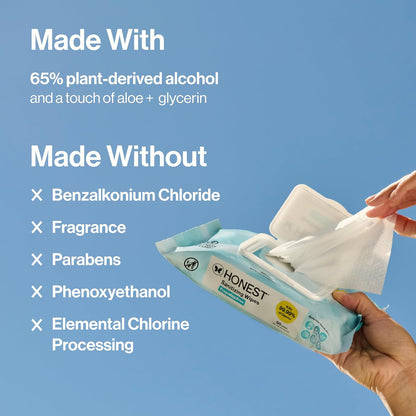 The Honest Company Fragrance-Free Sanitizing Alcohol Wipes, Antibacterial with Aloe, Kills 99% of Germs, 150 Count
