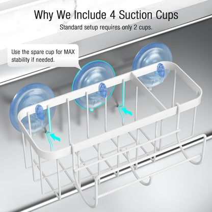 3-in-1 Kitchen Sink Caddy Organizer with Sponge Holder, Brush Holder, Extra Rack for Scrubber, Sink Stopper, Dish Cloth Hanger - Strong Dual Suction Cup, 2.0mm SUS304 Stainless Steel - Grey