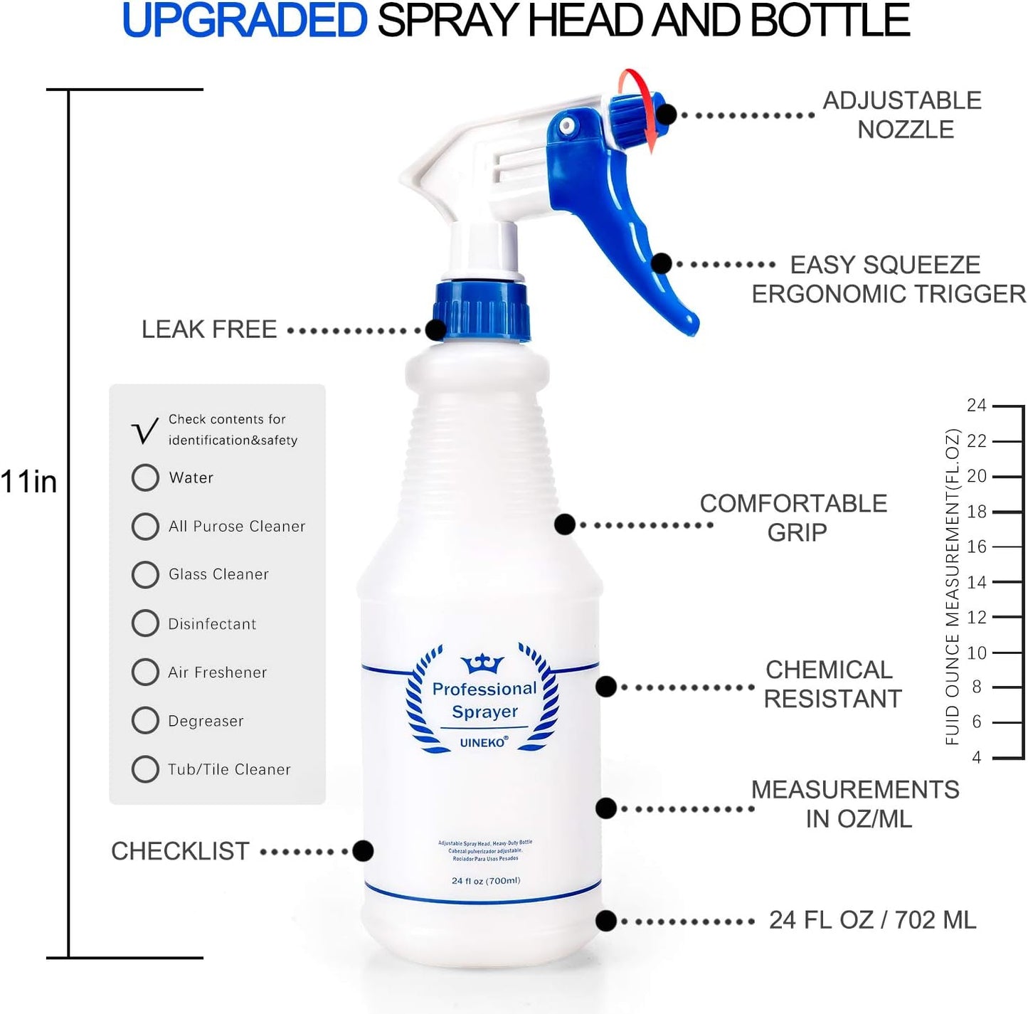Uineko Plastic Spray Bottle (3 Pack, 24 Oz, 3 Colors) Heavy Duty All-Purpose Empty Spraying Leak Proof Mist Water Bottles for Cleaning Solutions Plants Essential Oils Hair Pet with Adjustable Nozzle