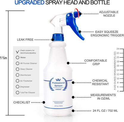 Uineko Plastic Spray Bottle (3 Pack, 24 Oz, 3 Colors) Heavy Duty All-Purpose Empty Spraying Leak Proof Mist Water Bottles for Cleaning Solutions Plants Essential Oils Hair Pet with Adjustable Nozzle