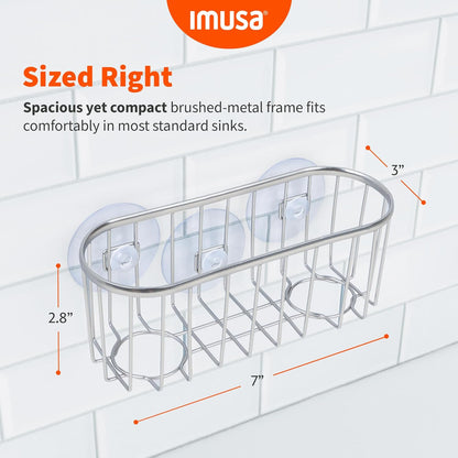 Best Brands IMUSA Sponge Holder for Kitchen Sink—Brushed Metal Sink Organizer with Triple Suction Cups, Compact Caddy for Sponges, Brushes, Soap & Everyday Kitchen Cleaning Essentials