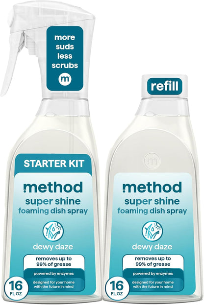 Method Super Shine Foaming Dish Spray Starter Kit, Reuse With Trigger, Powered by Enzymes, Dewy Daze Scented