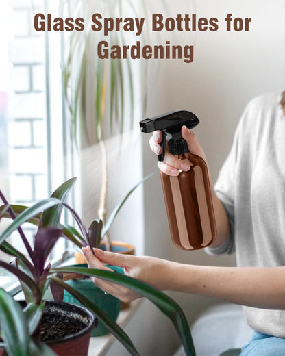 Bontip Glass Spray Bottle, Amber Glass Spray Bottle Set & Accessories Refillable for Plants Window Cleaners Aromatherapy Facial Hydration Watering Flowers Hair Care (2 Pack/16 oz) (Amber)