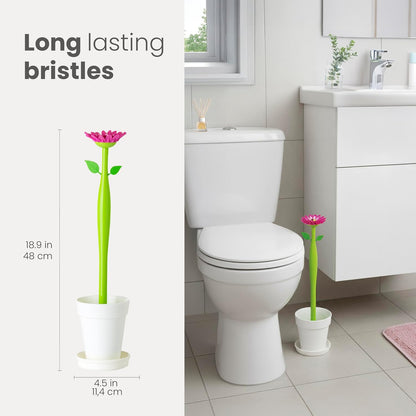 Vigar Flower Power Toilet Brush with Holder Set Toilet Brush with Daisy-shaped Handle, Flowerpot Base with Saucer Durable Bristles for Bathroom, White