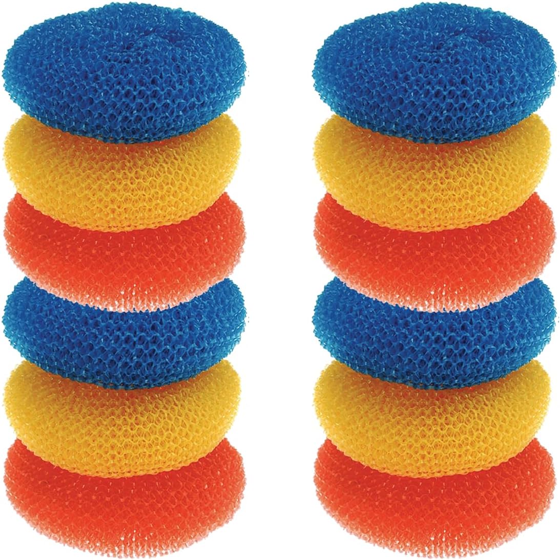 LOLA Plastic Mesh Scouring Pads - 3 Pack, 3.375" x 1.25", Non-Scratch Dish Scrubbers to Clean Dishes, Assorted Colors - Red, Blue & Yellow