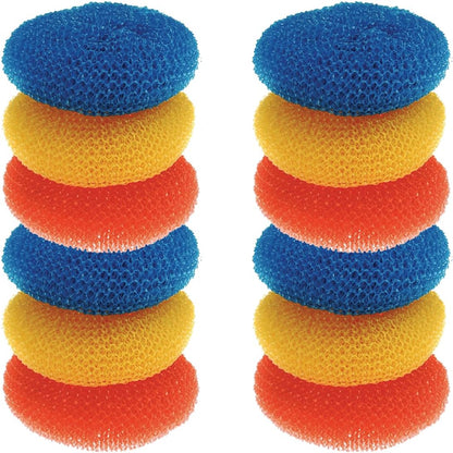 LOLA Plastic Mesh Scouring Pads - 3 Pack, 3.375" x 1.25", Non-Scratch Dish Scrubbers to Clean Dishes, Assorted Colors - Red, Blue & Yellow