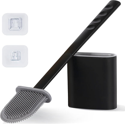 Modern Minimalist Silicone Black Toilet Brush with Holder - Pack of 2 Toilet Bowl Brush Set - Self-Cleaning & Splash-Free, Easy-Rinse Design with Wall Mounted Holder Bathroom Accessory.