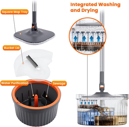 Chabatree Mop and Bucket Set，Spin Mop and Bucket Set with Separate Dirty and Clean Water，12 Replaceable Mop Pads，Deep-Cleaning Mops for Floors, Versatile Mops for Walls