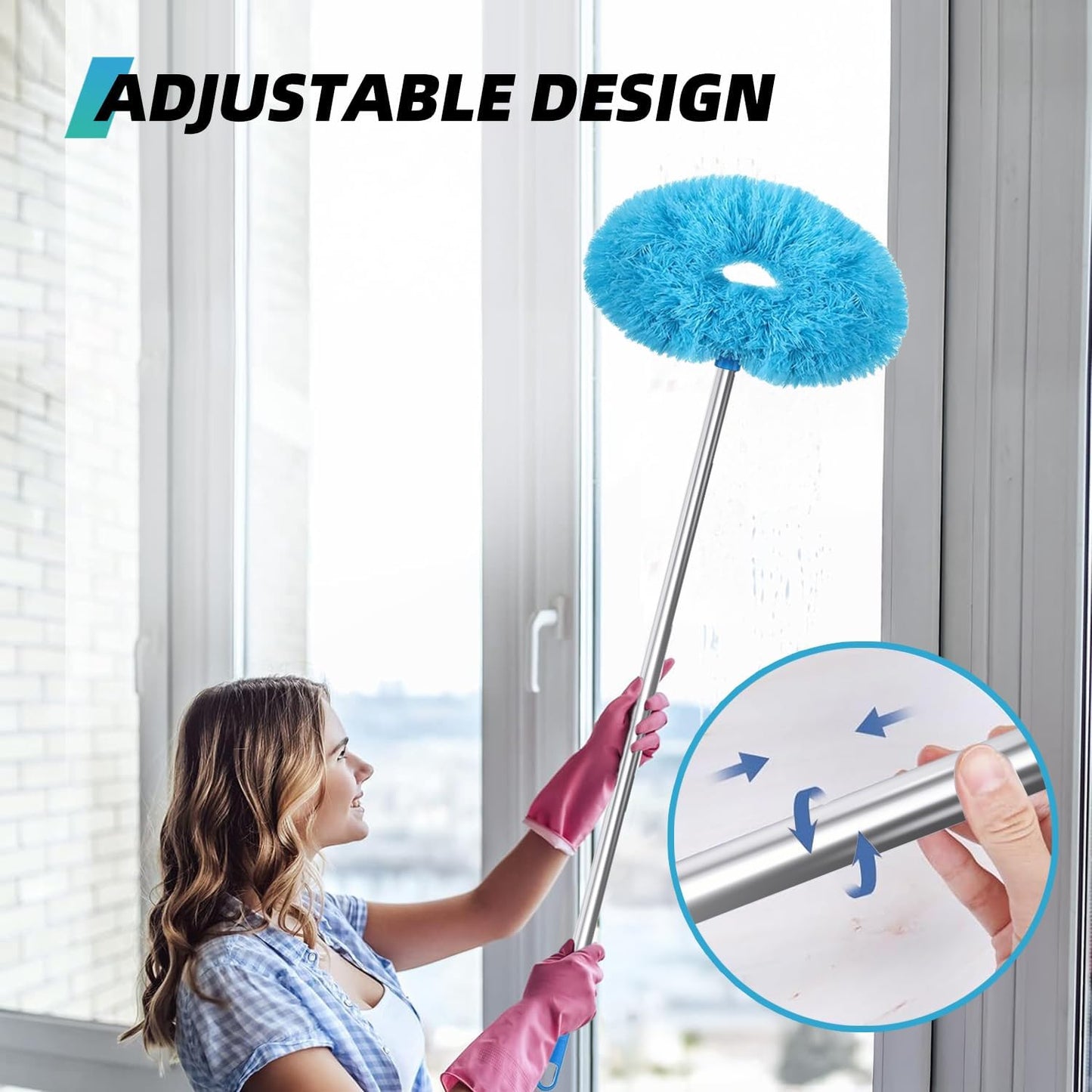 DRQ Ceiling Fan Cleaner Duster, Reusable Microfiber Duster with Extension Pole, 13 to 48 Inch Fan Blade Cleaner, Removable Dusters for Cleaning Walls Bookshelves Door Window Top (Blue)
