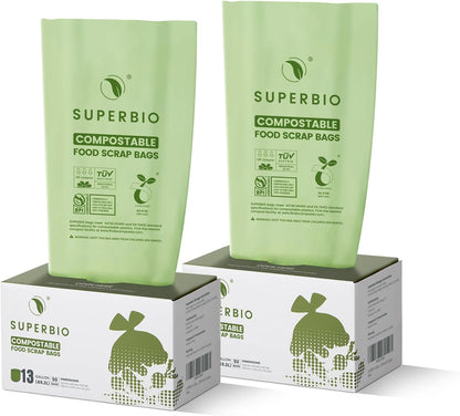 SUPERBIO 1.6 Gallon Handle Tie Compostable Food Scrap Bags For Counter Top Compost Bin, Small Compost Bags, 50 Count, 6 Liter, BPI & OK compost INDUSTRIAL Certified