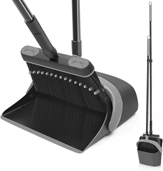 JEHONN Broom and Dust Pan, 54.3 inches Long Handle Swivel Brush, Upright Foldable Dustpan with Comb Teeth for Home Kitchen Lobby Indoor Floor Cleaning (Black & Yellow)