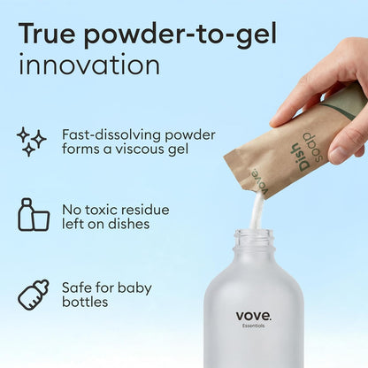 Vove Dish Soap Refills 3-Pack, Bergamot Mint & Basil, Powder-to-Gel Dishwashing Liquid Refill, Plant-Based Concentrated Formula, Grease-Cutting Power, Plastic-Free Compostable Packaging, Essential oil