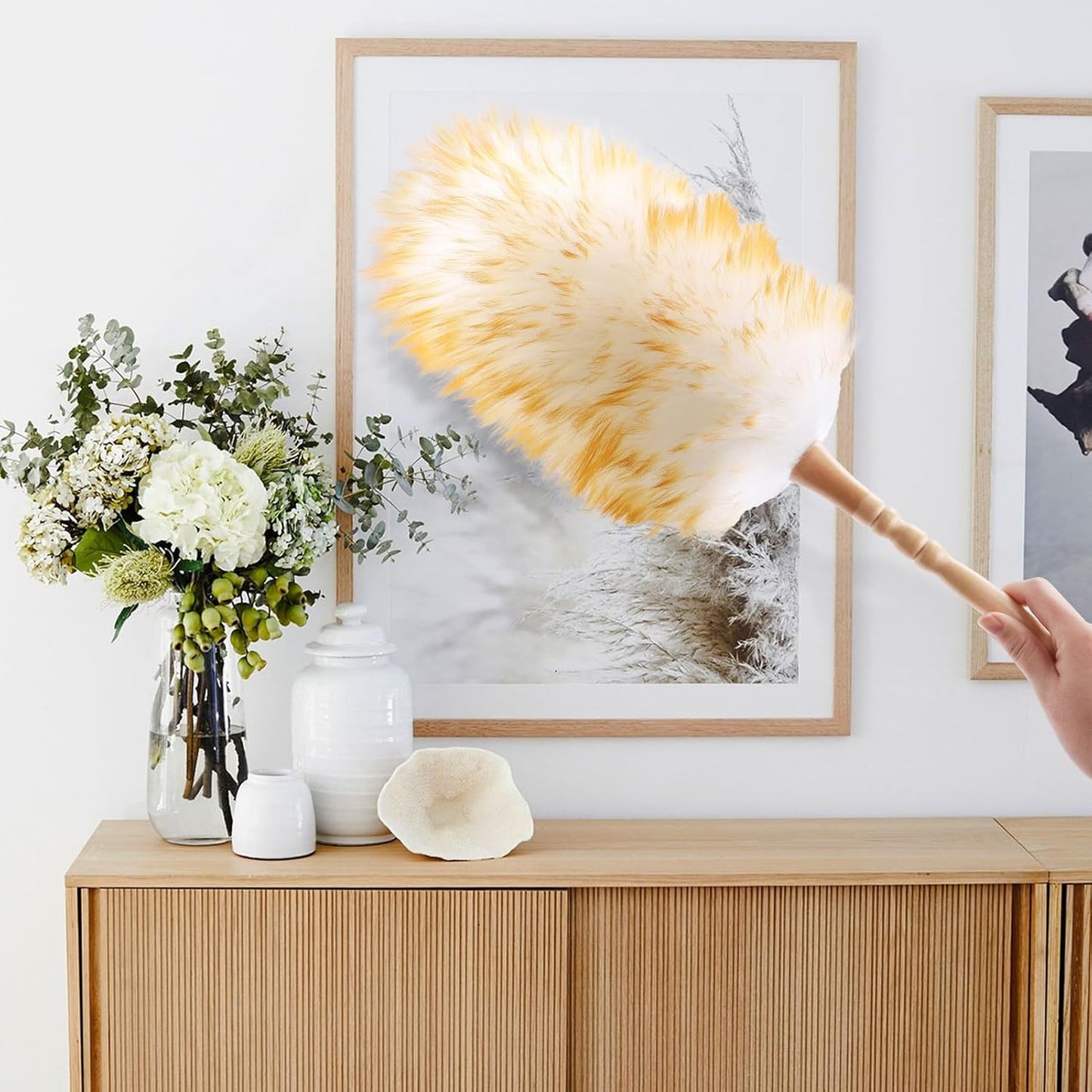 Lambswool Duster for Cleaning with Solid Wooden Handle Leather Hang Strap 87.8" Removable Retractable Feather Duster for Cleaning Ceiling Fans Window Blinds Interior Roof Furniture(2 Pack)