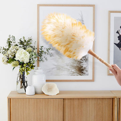 Lambswool Duster for Cleaning with Solid Wooden Handle Leather Hang Strap 87.8" Removable Retractable Feather Duster for Cleaning Ceiling Fans Window Blinds Interior Roof Furniture(2 Pack)