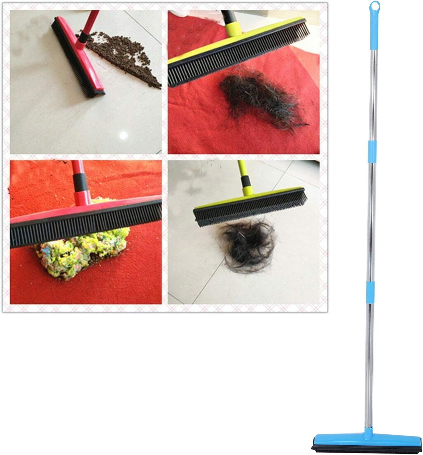 Telescopic Rubber Broom with Squeegee, Multifunction Adjustable Pet Hair Removal Carpet Rake for Fluff Rug Hardwood Floor (Black)