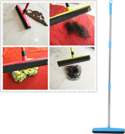 Telescopic Rubber Broom with Squeegee, Multifunction Adjustable Pet Hair Removal Carpet Rake for Fluff Rug Hardwood Floor (Black)