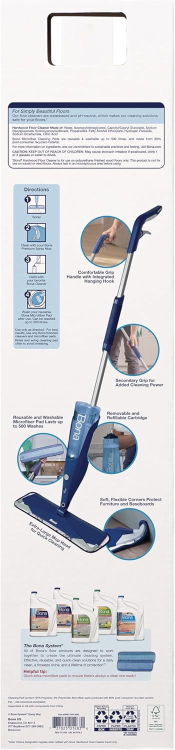 Bona Hardwood Floor Premium Spray Mop - Includes Wood Floor Cleaning Concentrate and Machine Washable Microfiber Cleaning Pad - Dual Zone Cleaning Design for Faster Cleanup