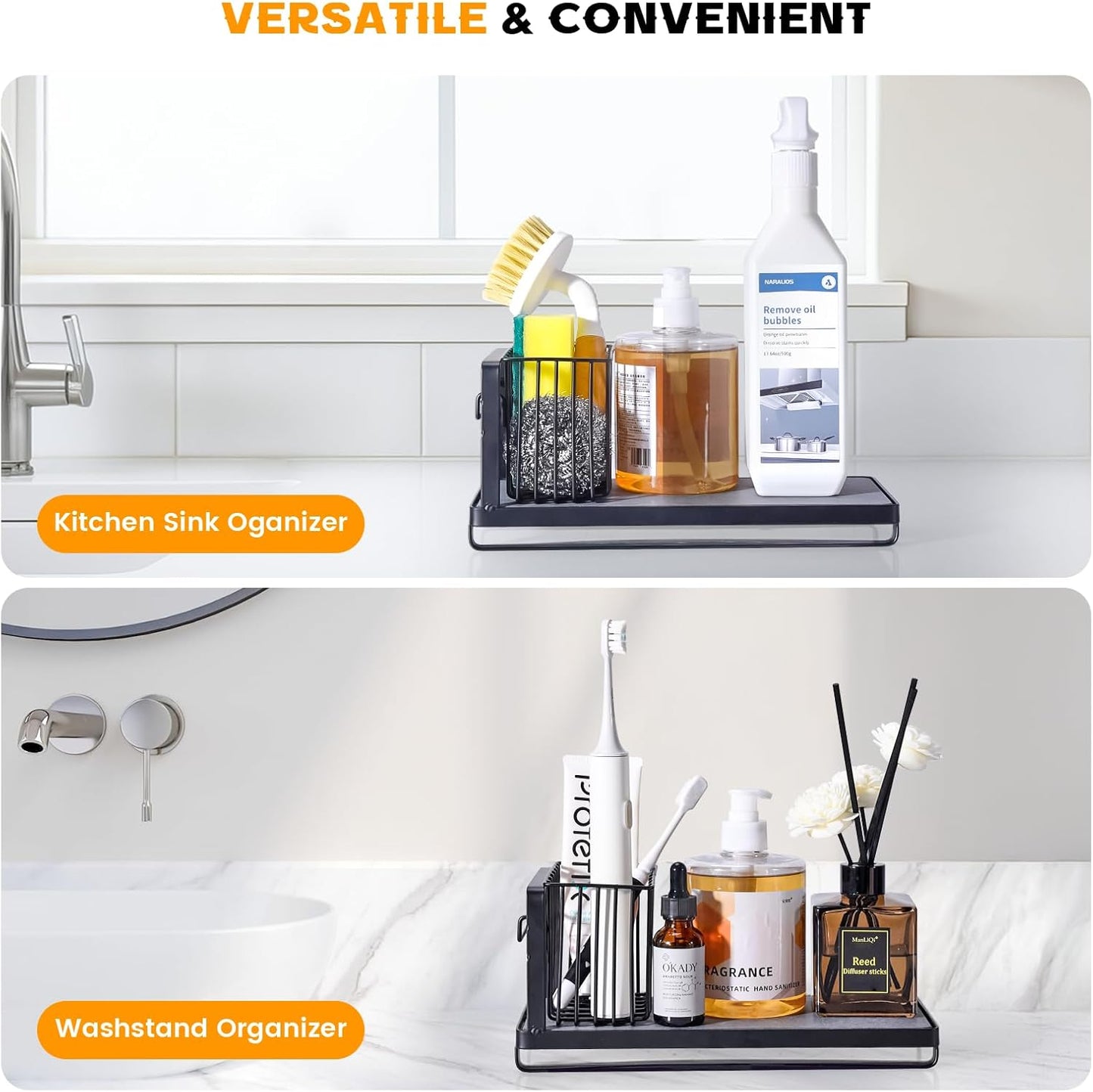 KONE Kitchen Sink Caddy: Sponge Holder for Kitchen Sink Counter with Instant Drying Stone and High Brush Holder, Rustproof Stainless Steel Sponge Holder for Sponges, Scrubbers, Soap (Black)