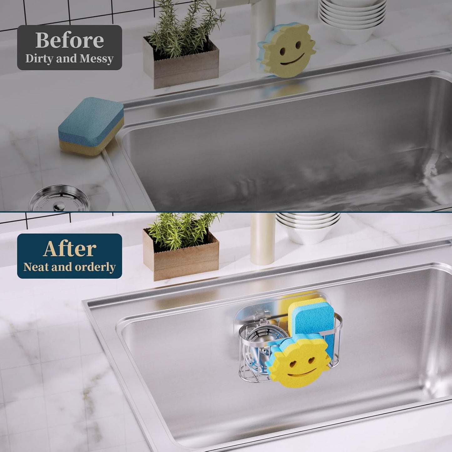 Consumest Sponge Holder Sink Caddy - Ladder Shaped Sponge Holder for Kitchen Sink with 2 Installation Ways (Suction Cups & Adhesive Hook), Rustproof Stainless Steel Kitchen Organizer, Silver
