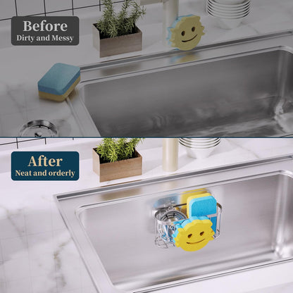 Consumest Sponge Holder Sink Caddy - Ladder Shaped Sponge Holder for Kitchen Sink with 2 Installation Ways (Suction Cups & Adhesive Hook), Rustproof Stainless Steel Kitchen Organizer, Silver