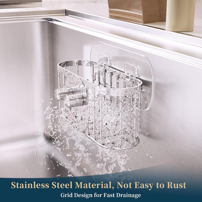 Consumest Sponge Holder Sink Caddy - Ladder Shaped Sponge Holder for Kitchen Sink with 2 Installation Ways (Suction Cups & Adhesive Hook), Rustproof Stainless Steel Kitchen Organizer, Silver