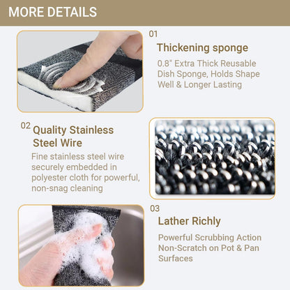 6 Pack Heavy Duty Steel Wool Scrubber Sponges, Stainless Steel Scrubbing Sponge for Pots, Pans & Grills, Multi-Surface Kitchen Dish Scrubber for Cast Iron & Griddle, Black