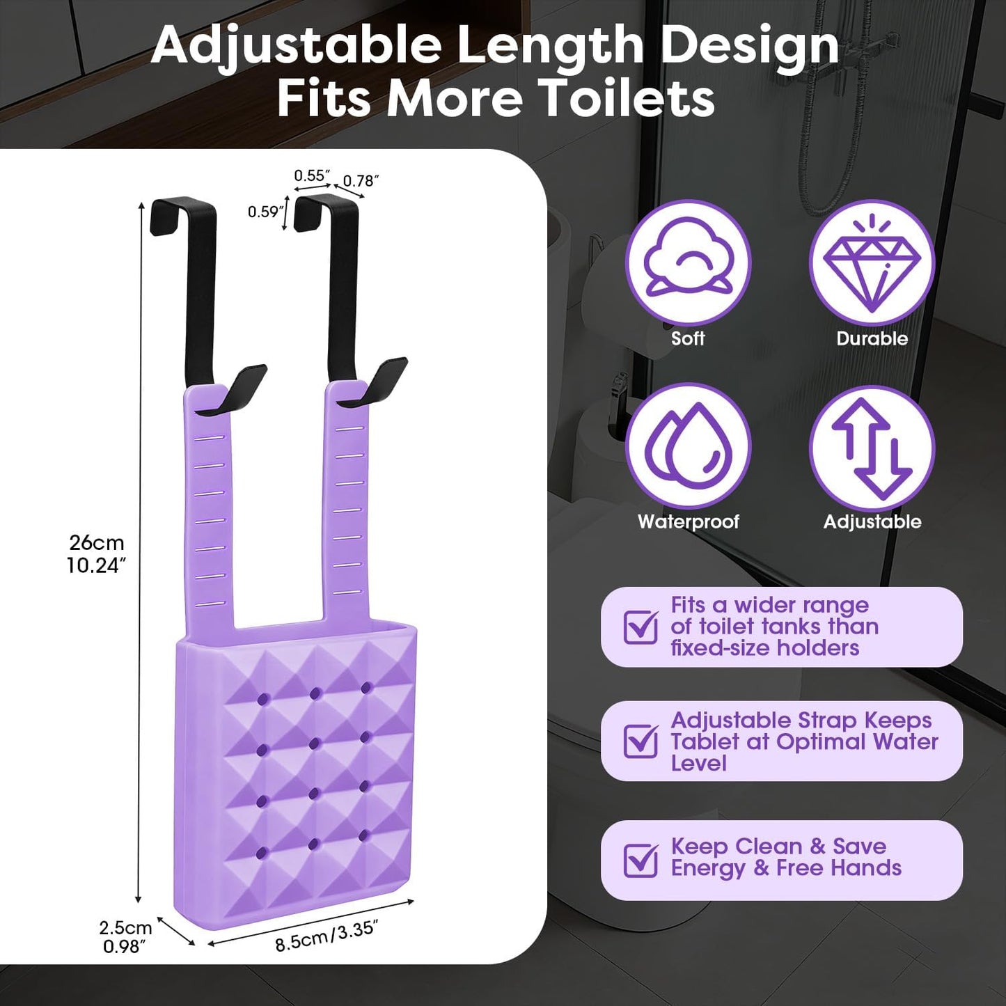 Adjustable Toilet Tank Cleaning Tablet Holder-Hanging Silicone Basket Carrier with Rustproof Hooks for Bowl Cleaner & Bleach Tablet Organizer, Accessory Fit Up to 7" Water Level